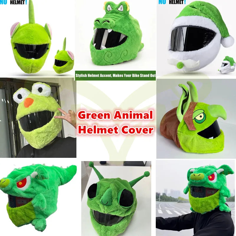 Motorcycle Full Helmet Cover Cartoon Plush Green Animal Helmet Cover Fabric Protection Funny Helmet Cover Motorcycle Accessories